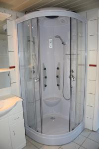 eine Dusche mit Glastür im Bad in der Unterkunft Maisonette im Hof Krupp in Bruchhausen