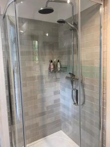 a shower stall with a glass door and a shower at West mouse view in Holyhead