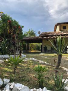 a house with a yard with two plants in front of it at Pousada Pineiro in Paraty