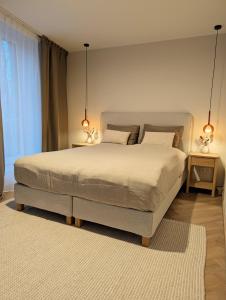 a bedroom with a large bed with two lamps on it at Alte Remise Blankenburg in Blankenburg
