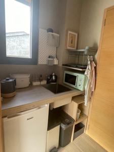 a small kitchen with a sink and a microwave at 1 Brin à part in Maubec +8 photos