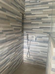 a bathroom with a shower with a tile wall at 1 Brin à part in Maubec