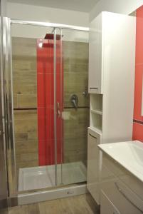 une douche avec une porte vitrée dans une salle de bain dans l'établissement Residence Garden Appartamenti Solandra, à Mezzana
