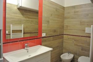 une salle de bain avec un lavabo, des toilettes et un miroir dans l'établissement Residence Garden Appartamenti Solandra, à Mezzana