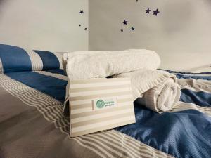 a box sitting on top of a bed with towels at The Blue Nest Suite - Sanremo in Sanremo