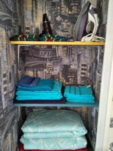 カリーニングラードにあるApartments on Teatralnaya 33の青い枕と電話付きの棚3つが備わる客室です。