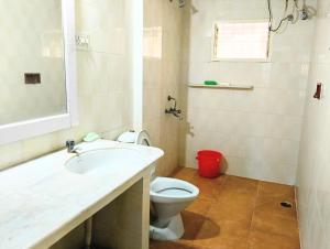 a bathroom with a white sink and a toilet at Chetanya Homestay in Puttaparthi