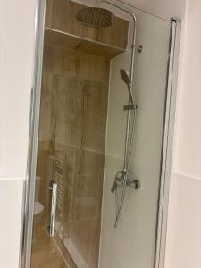 a shower with a glass door in a bathroom at Apartment Ela Centre in Košice +14 photos