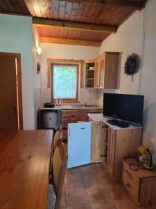 a kitchen with a table and a white refrigerator at Motýlek chata Sedmička in Borušov