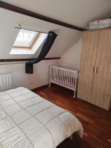 a bedroom with a large bed and a skylight at Appart 3 sous combles in Bray-Dunes