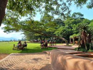 a group of people sitting at tables in a park at Malandela's Guest House in Malkerns