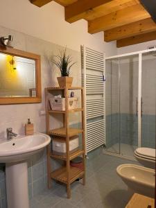 a bathroom with a sink and a toilet and a shower at Casina sulle dolomiti in Borca di Cadore