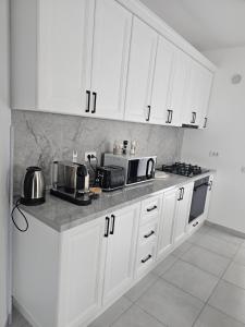 a kitchen with white cabinets and a counter top at House in Hudum - Botoșani in Hudum