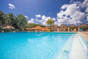 a large blue swimming pool with palm trees and houses at Alpinia-Martinique, à 5 minutes de la plage in Sainte-Anne