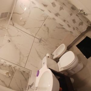 a white bathroom with a toilet and a shower at Ein gutes Haus in Mina Clavero +9 photos