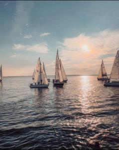 a group of sailboats in the water at sunset at Shediac Beach Suite- Pointe du Chene Wharf and Parlee Beach in Pointe-du-Chêne