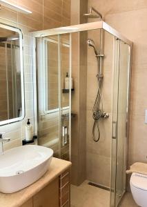 a bathroom with a sink and a shower at Gold Sun Villas in Nafplio