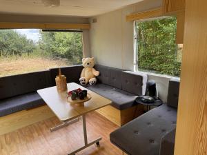 a teddy bear sitting on a couch in a room at Le joli centre energetique in Châteaumeillant