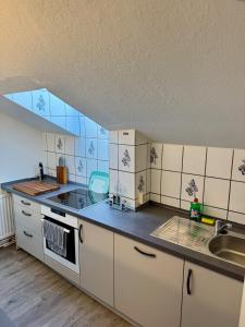 eine Küche mit Spüle und Arbeitsplatte in der Unterkunft Apartment Oberdeck für 4 Personen, Wifi, Parkplätze uvm in Brokstedt + 13 Fotos