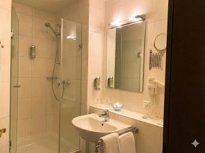 a bathroom with a sink and a shower with a glass door at Hotel Hebelhof in Bad Bellingen