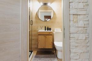 a bathroom with a toilet and a mirror at Mediterranean Holiday House & Apartments in Kotor +93 photos