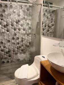a bathroom with a shower and a toilet and a sink at Casa Hotel Cenit in Villa de Leyva
