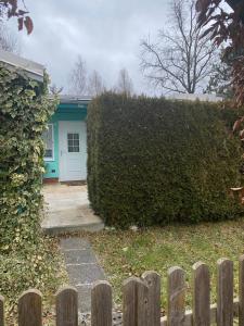 a hedge in front of a house with a fence at Haus Ferienglück in Zadelsdorf