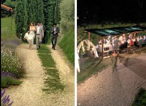 a bride and groom walking down a path with a wedding party at Agriturismo La Casina in Caprese Michelangelo +53 photos