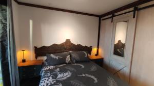 a bedroom with a bed and two lamps and a mirror at Espacio modular privado in Coquimbo