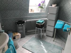 a bathroom with a radiator and a toilet and a sink at Gemütliches Inselnest mit großer Terrasse nahe Nordsee& Hafen in Tönning +47 photos