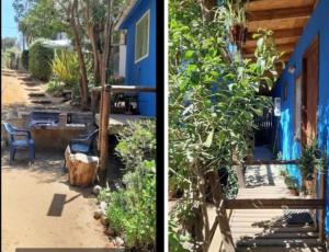 two pictures of a house with a bench and a chair at Cabaña La Isla in Isla Negra