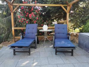 two blue chairs and a table in a garden at Ferienwohnung Kerstin in Strackholt in Großefehn 