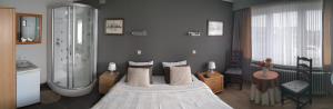 a bedroom with a large bed and a shower at B&B Vanloo in Westende