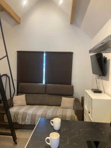 a living room with a couch and two cups on a table at La villa dans les pins in Quend +44 photos