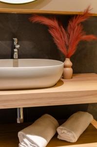 a bathroom with a sink and a bowl on a shelf at Dolomiten Apartments in Tesero