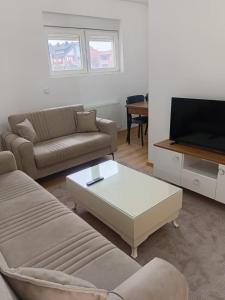 a living room with a couch and a coffee table at Pristhine Stay Inn 19 in Prishtinë