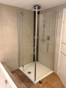 a shower with a glass door in a bathroom at Bei die Gstrein's in See +18 photos