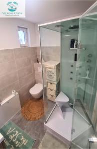 a bathroom with a toilet and a glass shower at Világos Kert Oliva House Steam in Balatonvilágos +30 photos