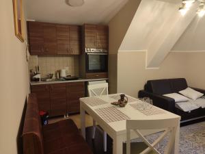 a small apartment with a table and a kitchen at WEGA Star Apartmani in Brzeće