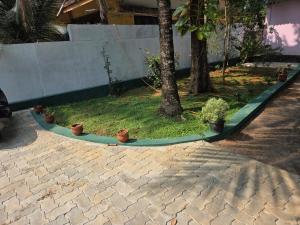 a brick driveway with potted plants on the grass at White Sands Cottage in Alleppey