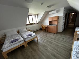 a small room with two beds and a kitchen at Penzion U Ježka in Nedakonitz