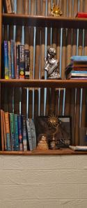 a book shelf with books and a statue on it at Lotus home in Jaigaon