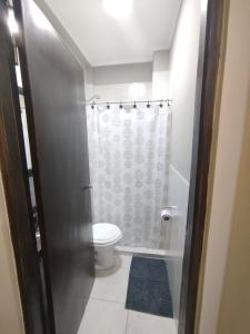 a bathroom with a toilet and a shower curtain at Mendoza in Posadas +2 photos