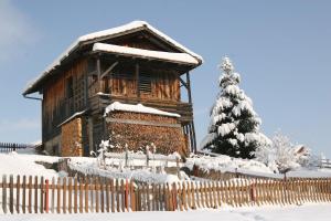 a wooden cabin with a fence and a christmas tree at Family-friendly apartement in Lumbrein