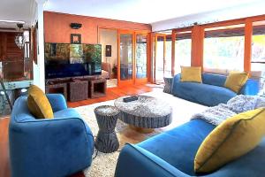 a living room with blue couches and a tv at PALMIE Gold in Palm Beach