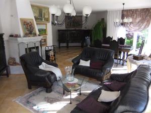 a living room with leather furniture and a fireplace at Villa Edelstein in Mörschied