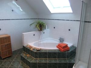 a bathroom with a tub with a plant in it at Villa Edelstein in Mörschied +11 photos