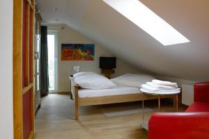 a bedroom with a bed and a skylight at Das Weinberghaus in Fellbach
