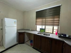 a kitchen with a white refrigerator and a sink at Jerash Skyline in Jerash
