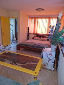 a bedroom with a bed and a christmas tree in it at Бар-Пляж in Bassalychevka